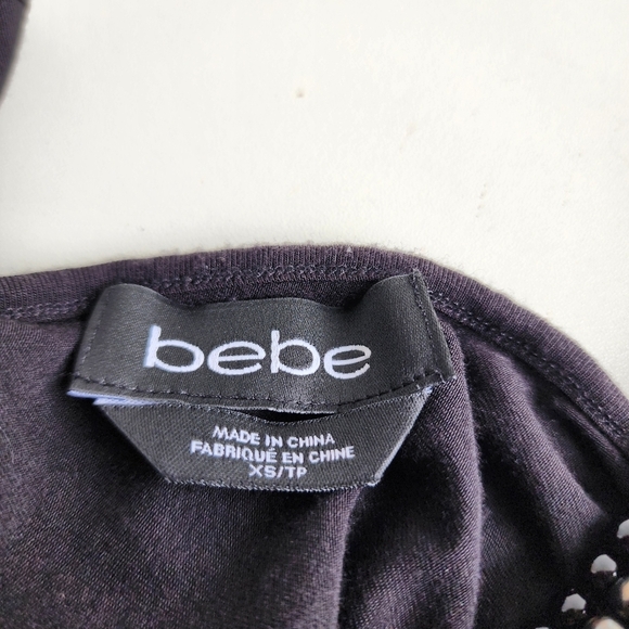 Bebe Women’s Stretch Black Beaded Asymmetrical One Cold Shoulder Top Blouse XS - Picture 10 of 11